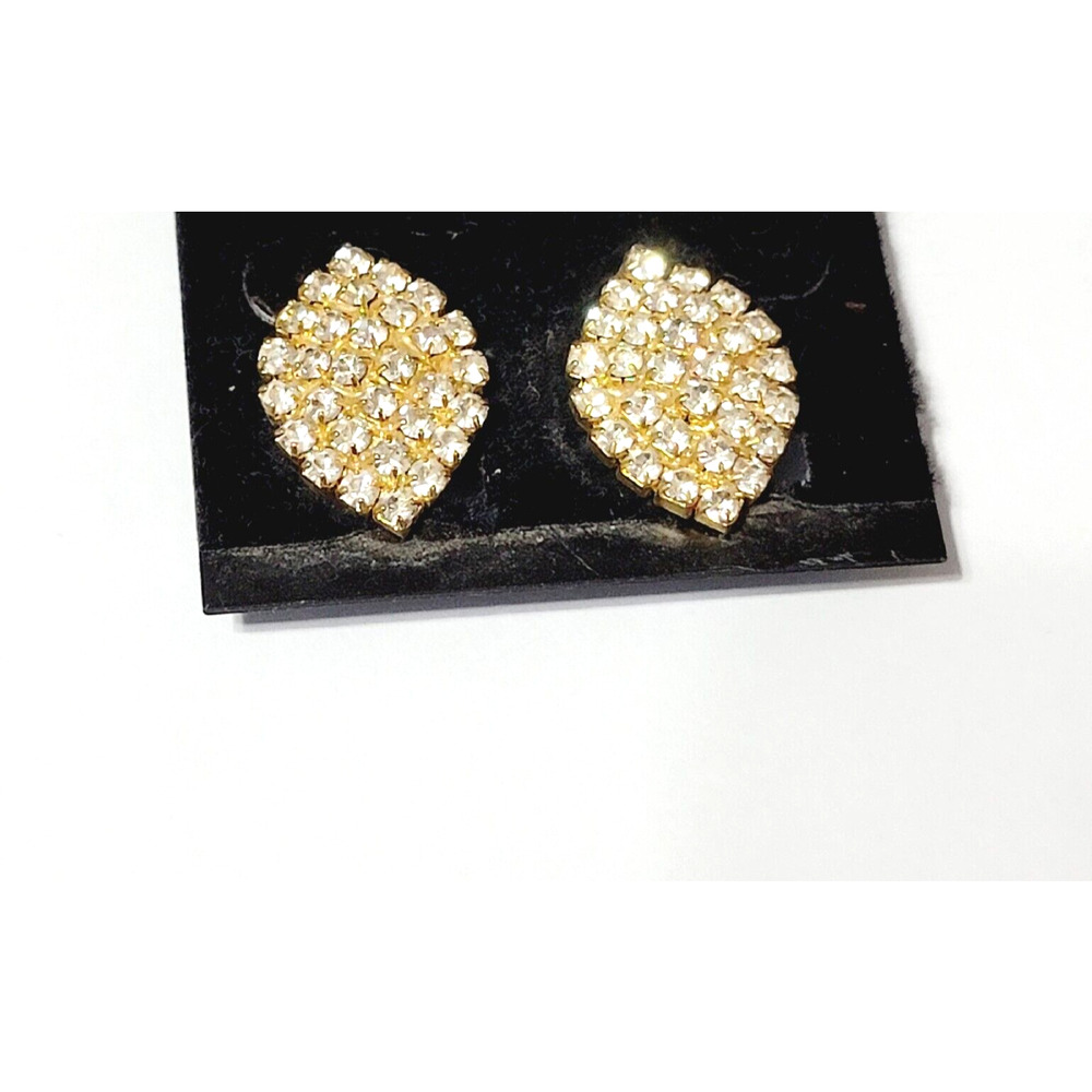 Vintage Sparkly Rhinestone Clip-on Earrings, Diamond-shaped Gold-tone wc-43 - Picture 4 of 6